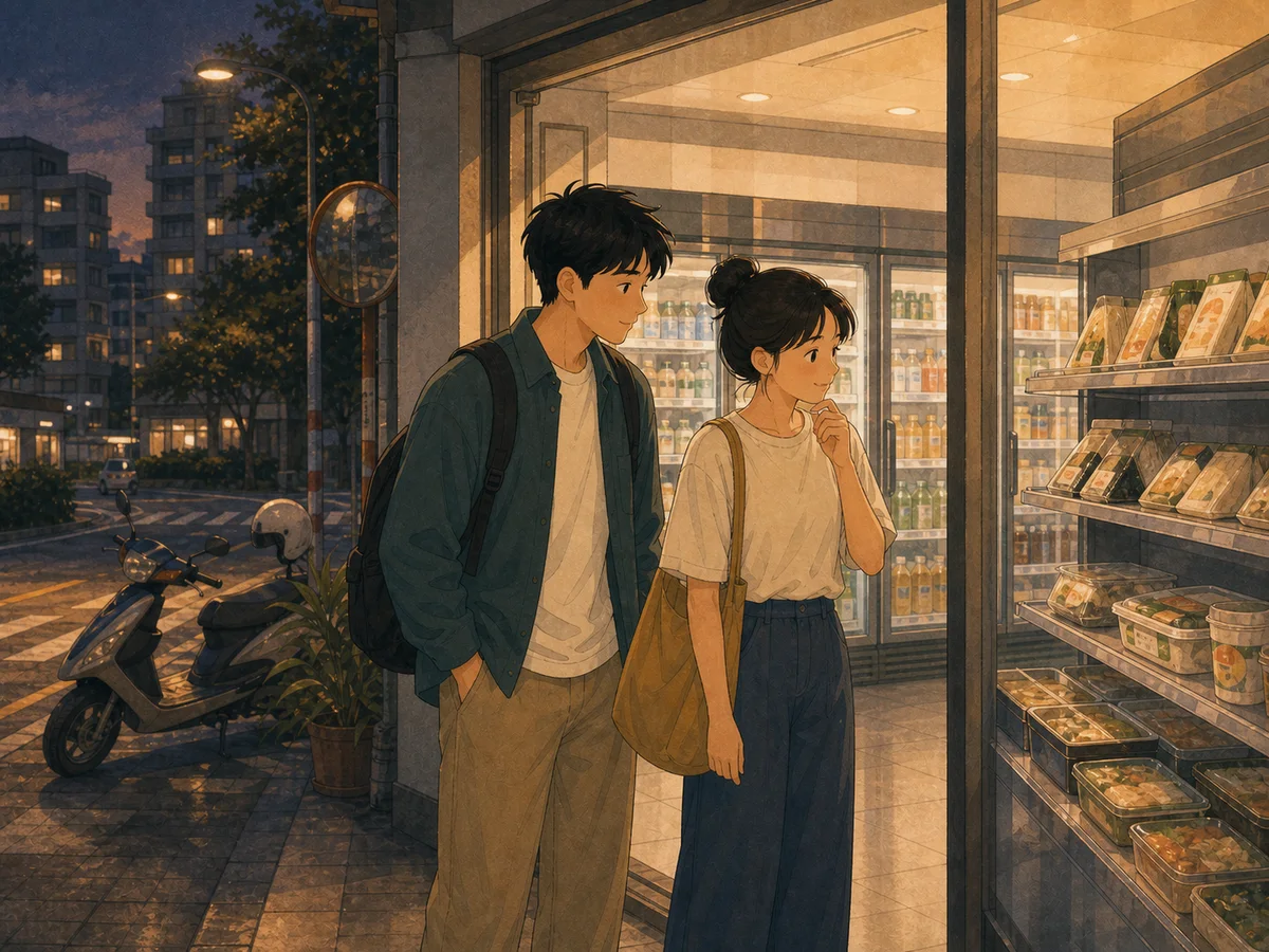 Illustration for 7-11 Dinner showing two people choosing a convenience-store dinner in Taiwan.