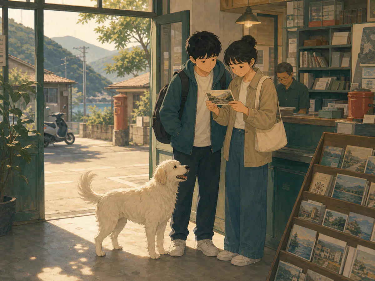 Two island post-office visitors show an old postcard to a white dog that recognizes the picture.