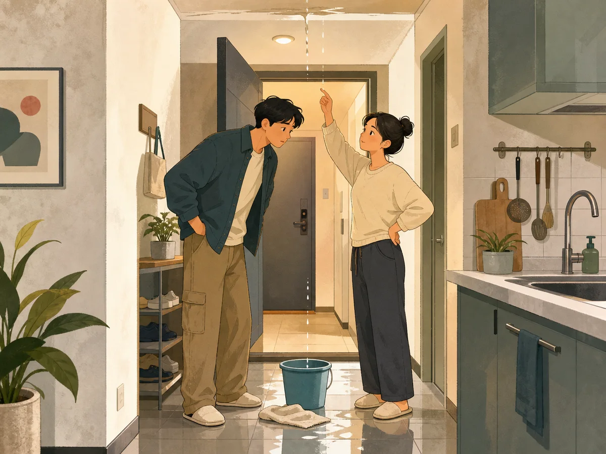 Illustration for Apartment Water Leak showing neighbors calmly handling a small apartment leak.