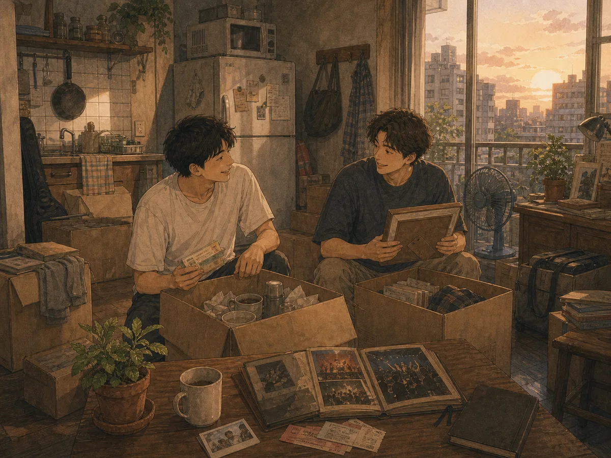 Two roommates pack boxes in a Taiwan apartment surrounded by old photos and moving-day memories.