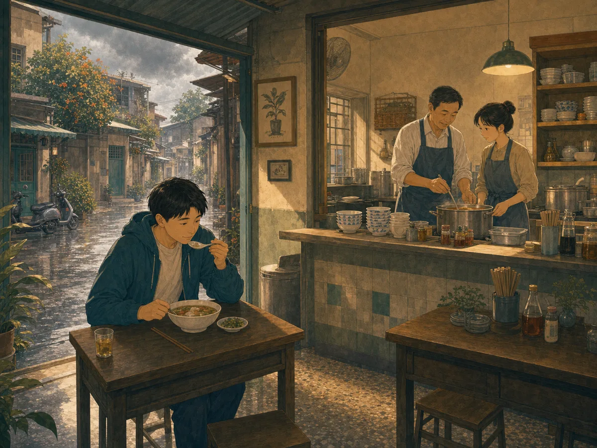 A regular customer tastes soup while a shop owner teaches his daughter the recipe.