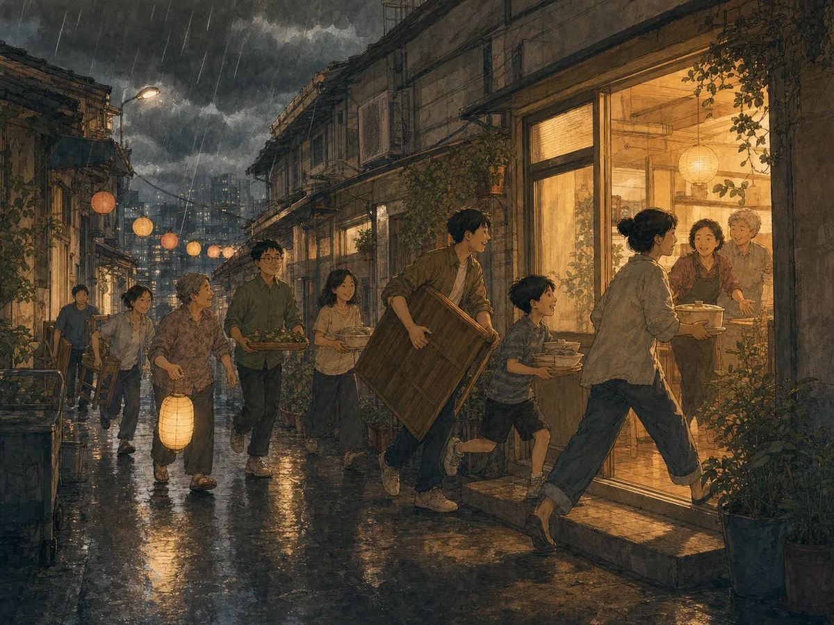 Neighbors rush an alley dinner indoors as dark rain clouds reach the street.
