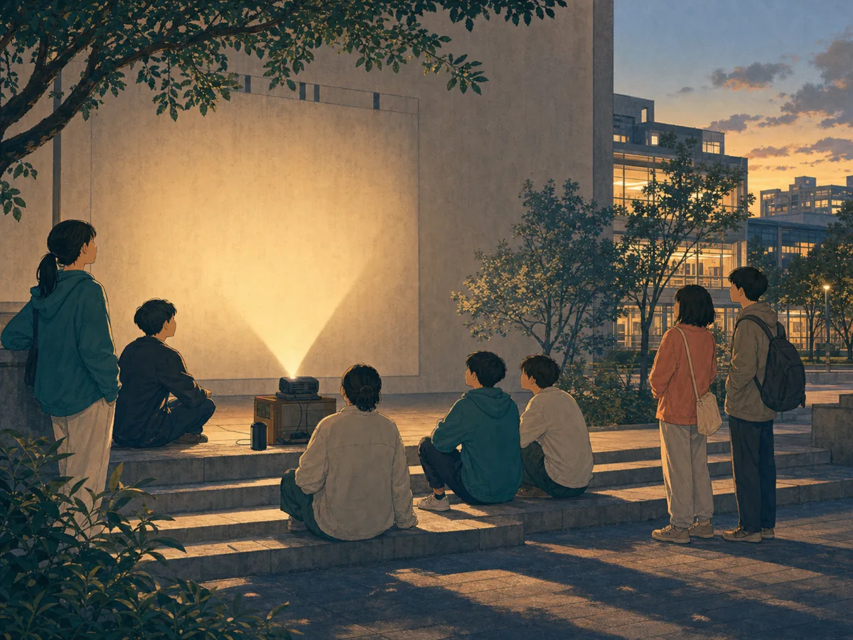 A student film club gathers for an outdoor screening on library steps at dusk.