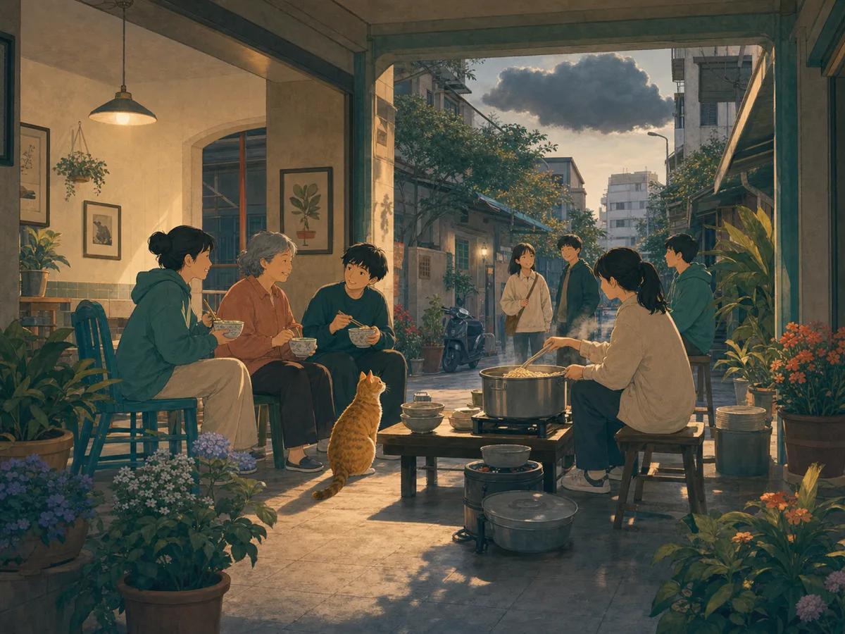 Neighbors share noodles beneath a Taiwan arcade while an orange cat waits near the pot.