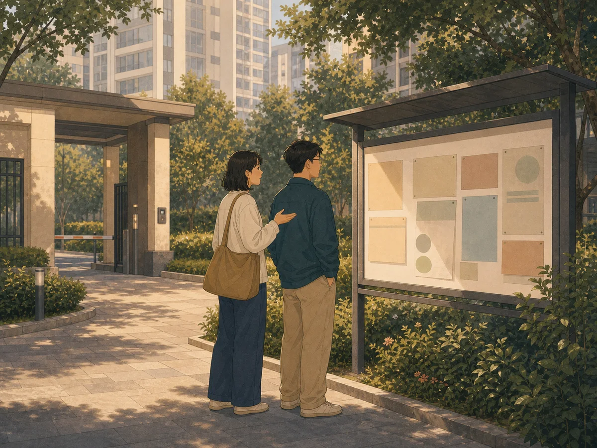 Illustration for Community Notice showing Mainland neighbors discussing a residential notice board.