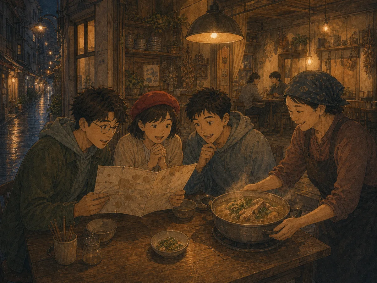 Three friends follow a soup-stained map as a restaurant owner brings a steaming pot to the table.