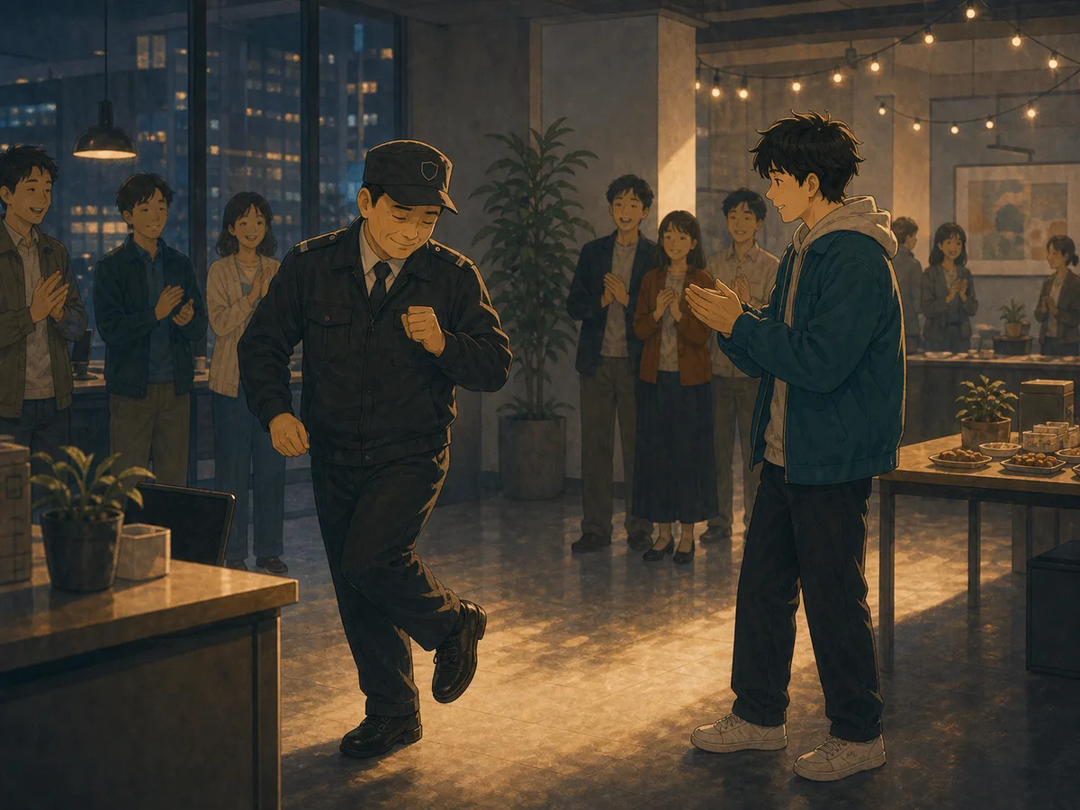A security guard takes a shy dance step during a restrained office celebration.