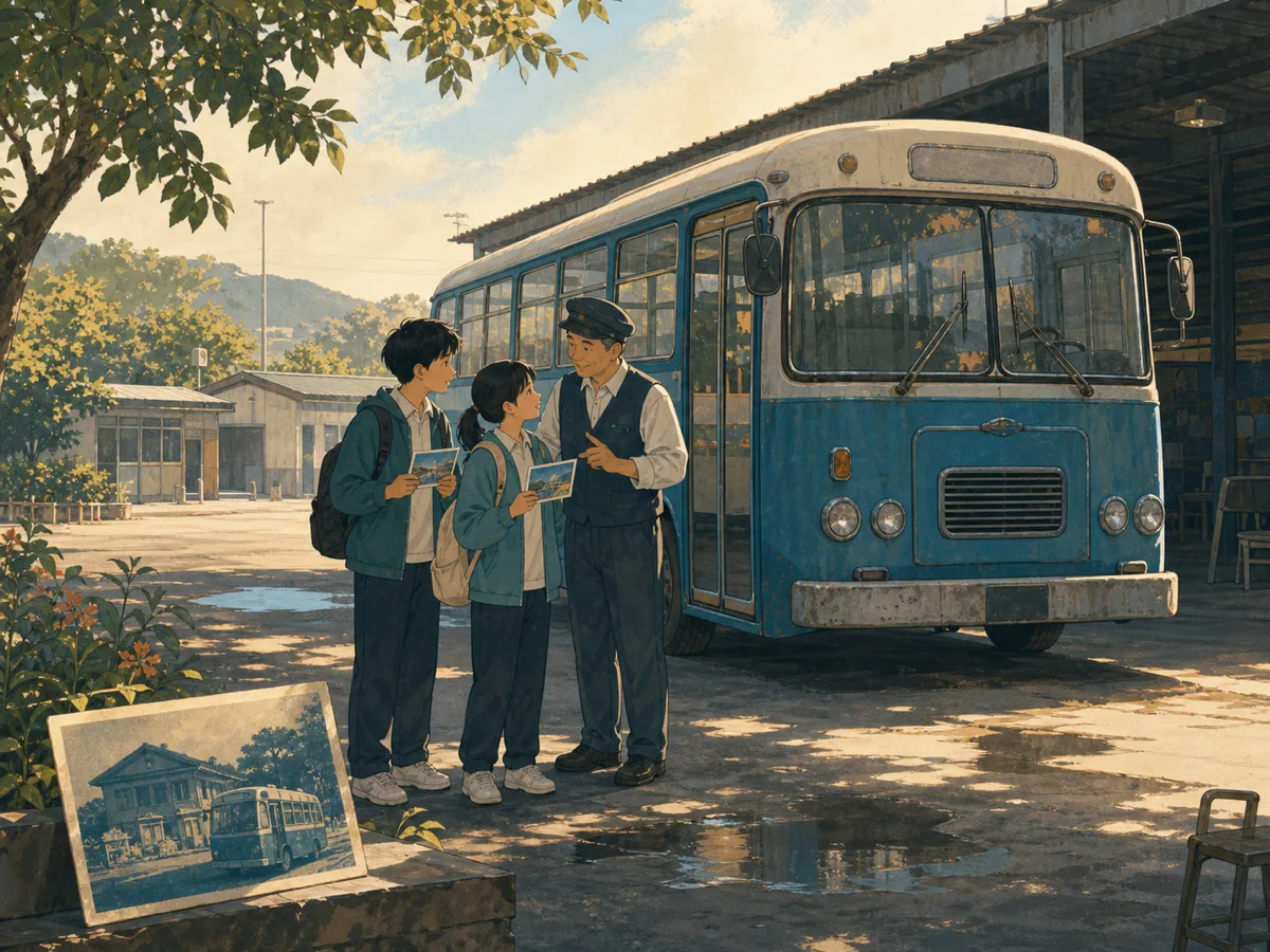 A bus driver and two friends recognize an old blue island bus from a postcard.
