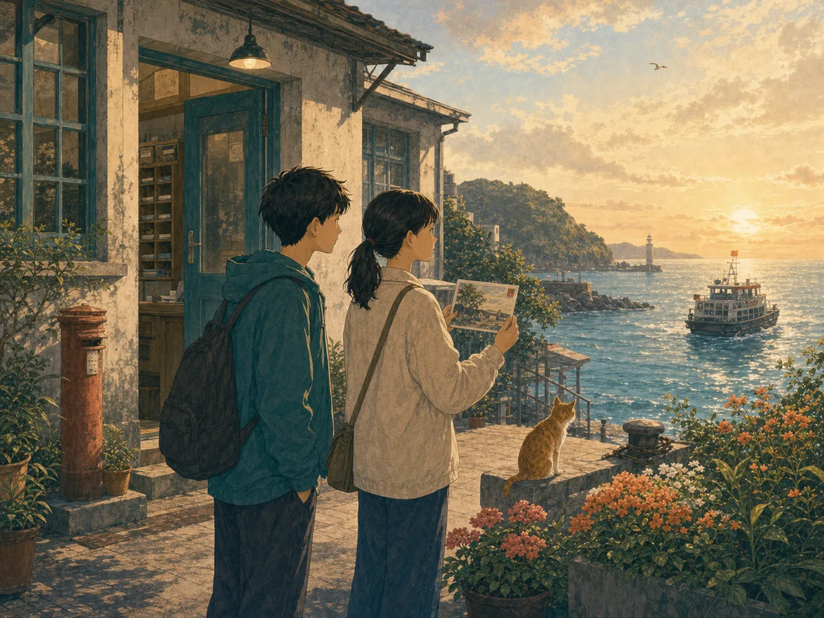 Two postcard-club friends look from a returned community postcard toward the sea.