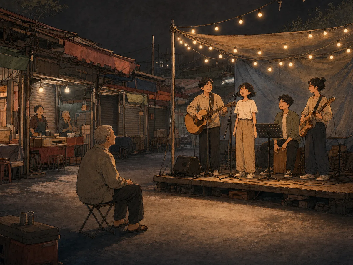 A tiny night-market stage crew performs one last song for an older audience member.