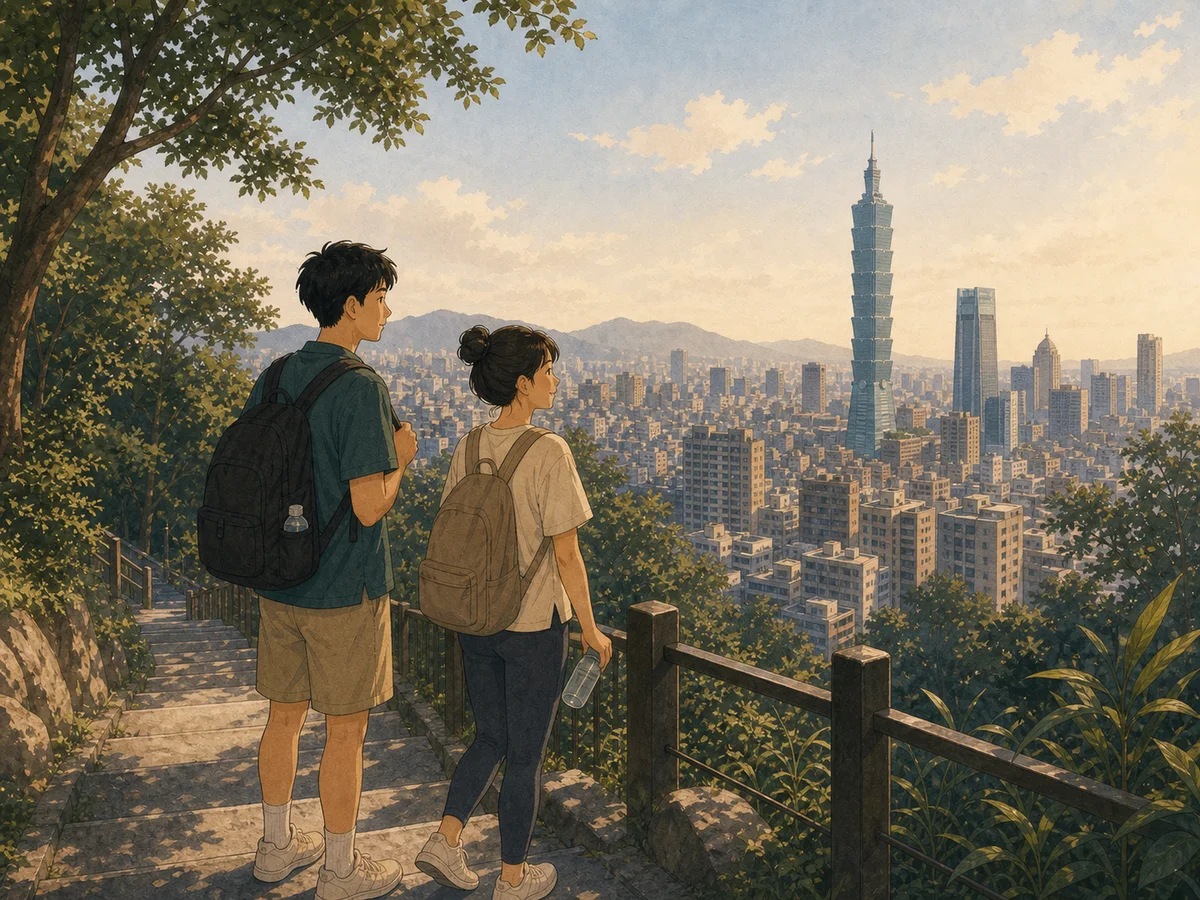 Illustration for Hiking Elephant Mountain showing hikers pausing on a Taipei hill trail.