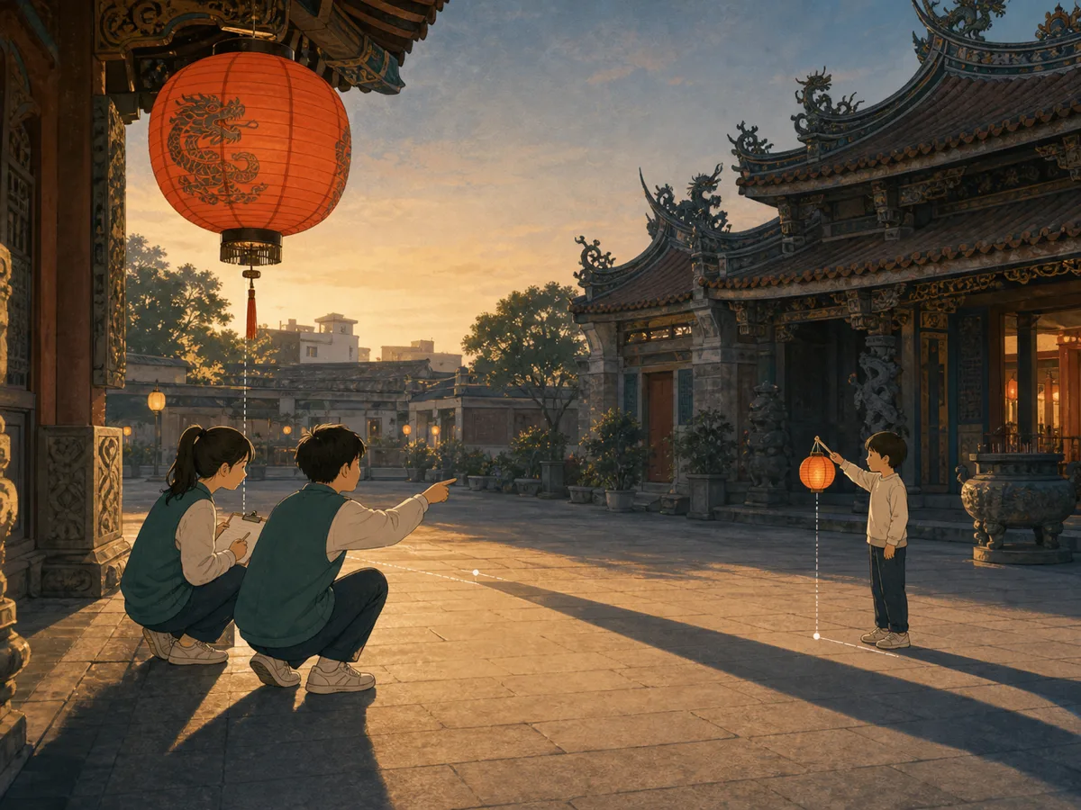 Temple volunteers compare the evening shadows of a large lantern and a child’s small lantern.