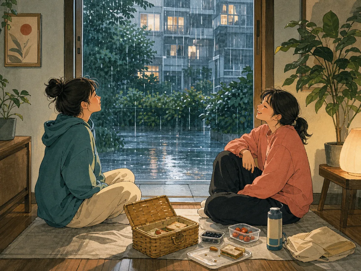 Friends wait beneath a shop awning while rain falls on a quiet street.