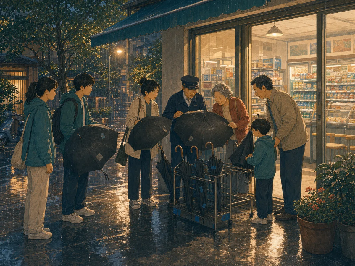 Neighbors compare repaired black umbrellas at a convenience-store rack during rain.