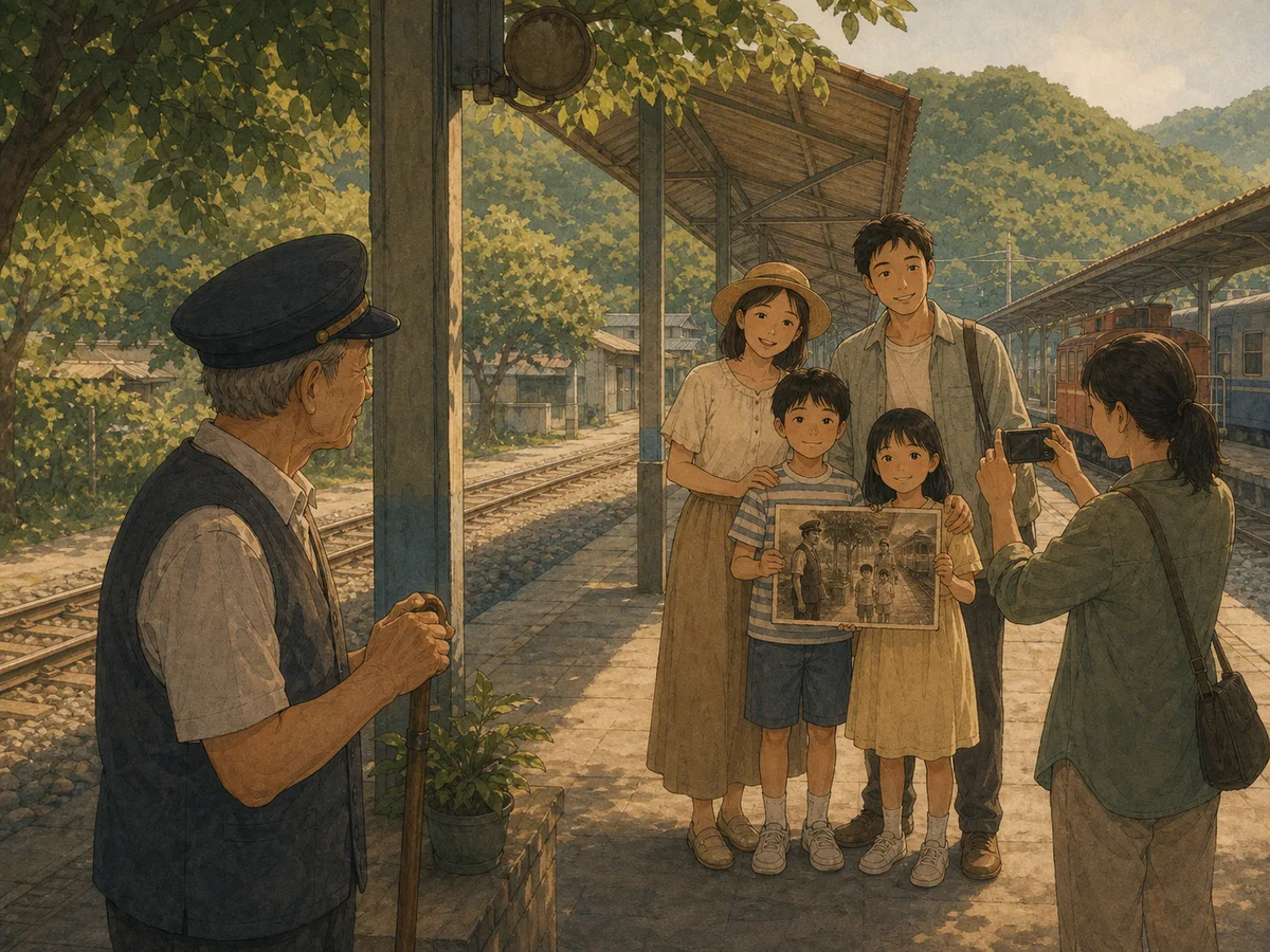 A family recreates an old platform photo while a station volunteer watches warmly.