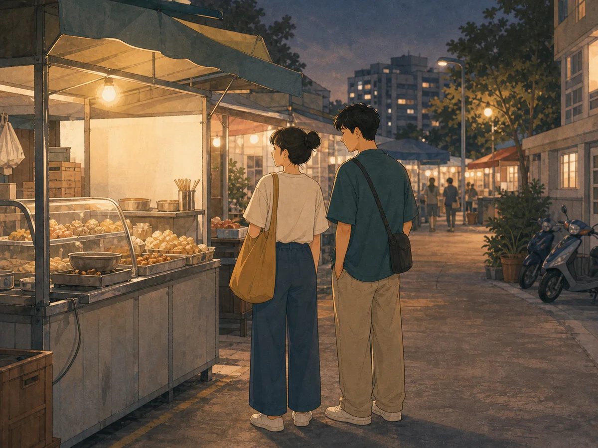 Illustration for Night Market Budget showing two people choosing food at a calm Taiwan night market.