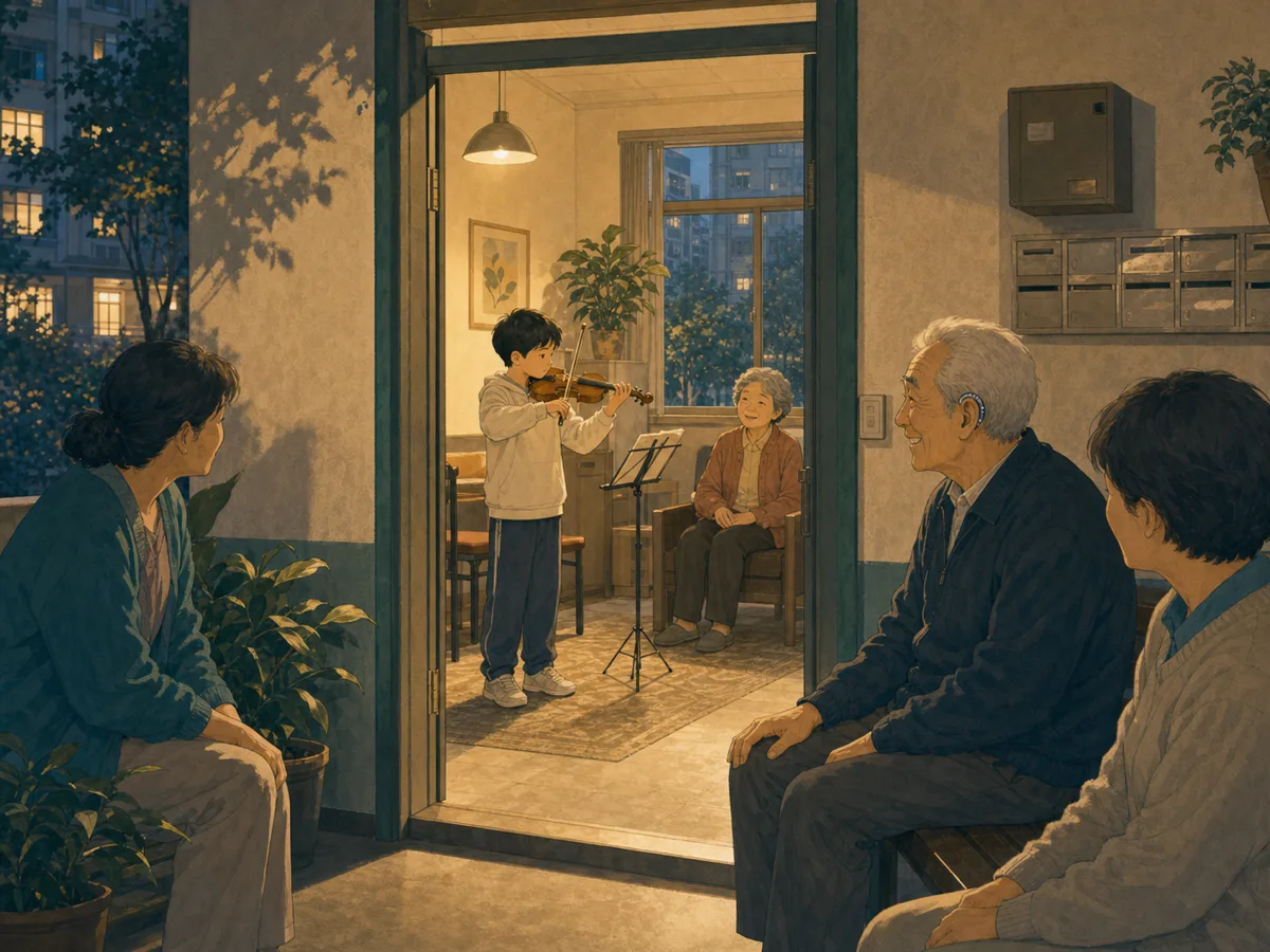 An elderly neighbor and several listeners enjoy a child’s violin practice in an apartment activity room.