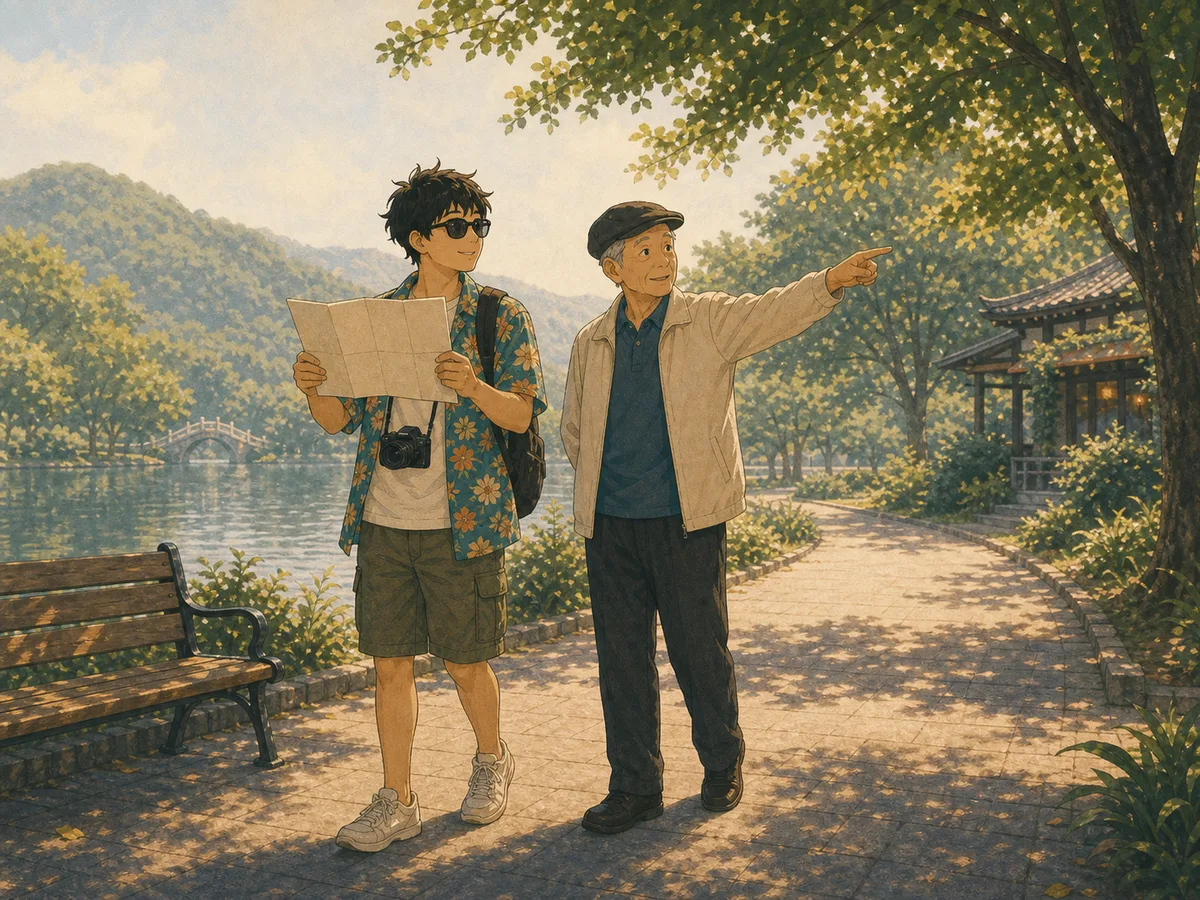 A confident visitor studies a blank map while a local points across a Taiwan park path.