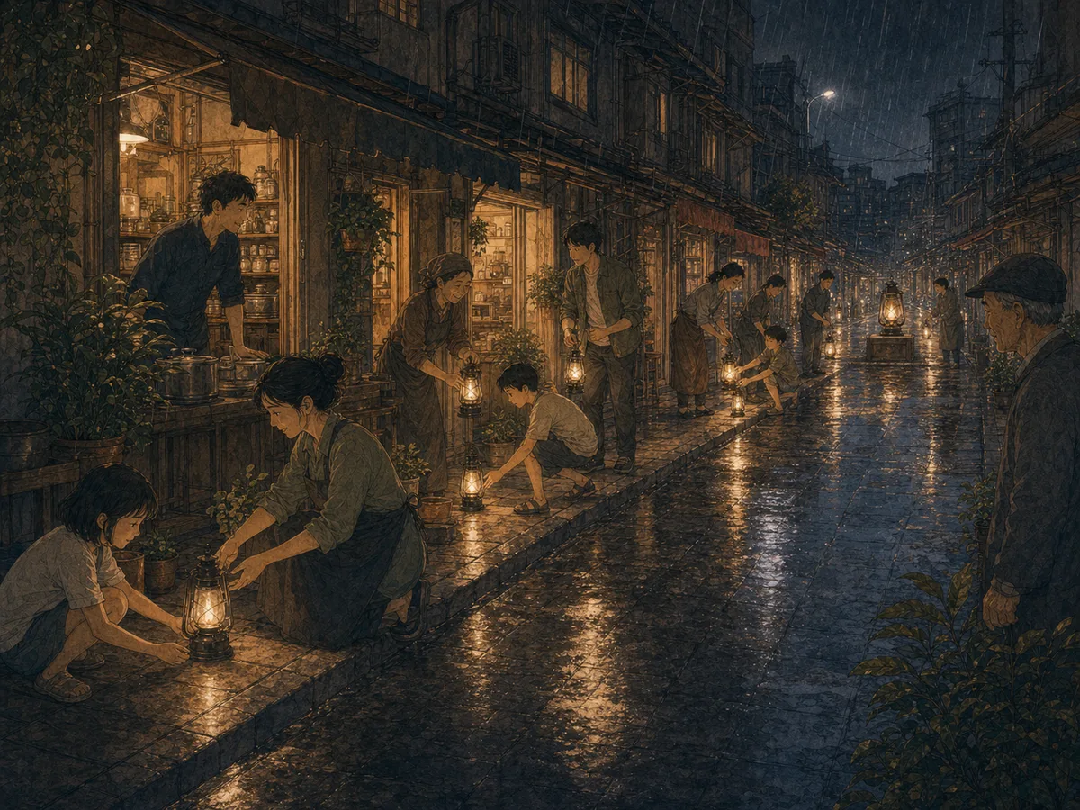Shopkeepers and children place small lamps along a rainy old street during a blackout.
