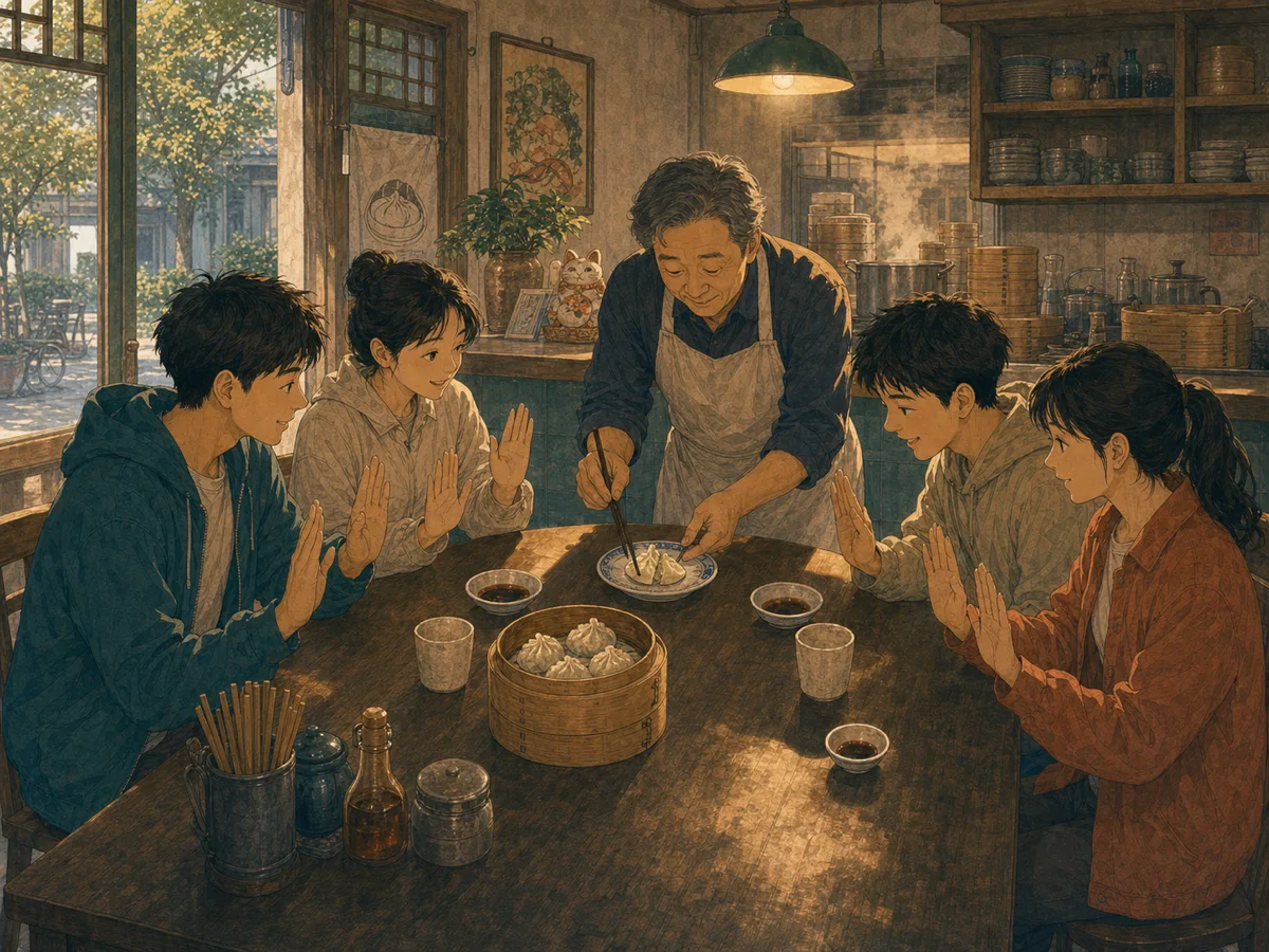 Four friends hesitate over the last dumpling while a restaurant owner prepares to divide it.