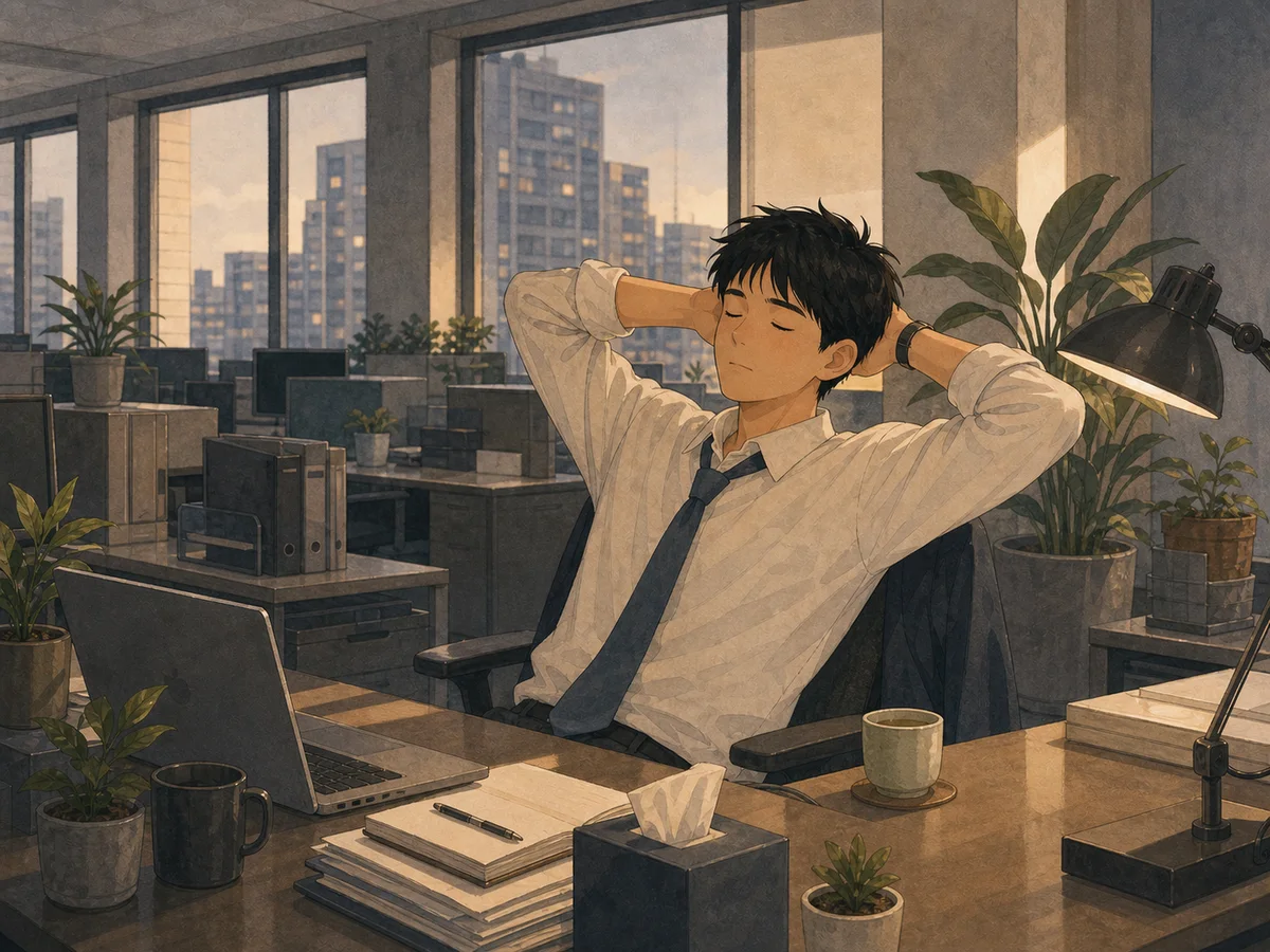 Illustration for Red Eyes showing a tired office worker recovering at a desk.