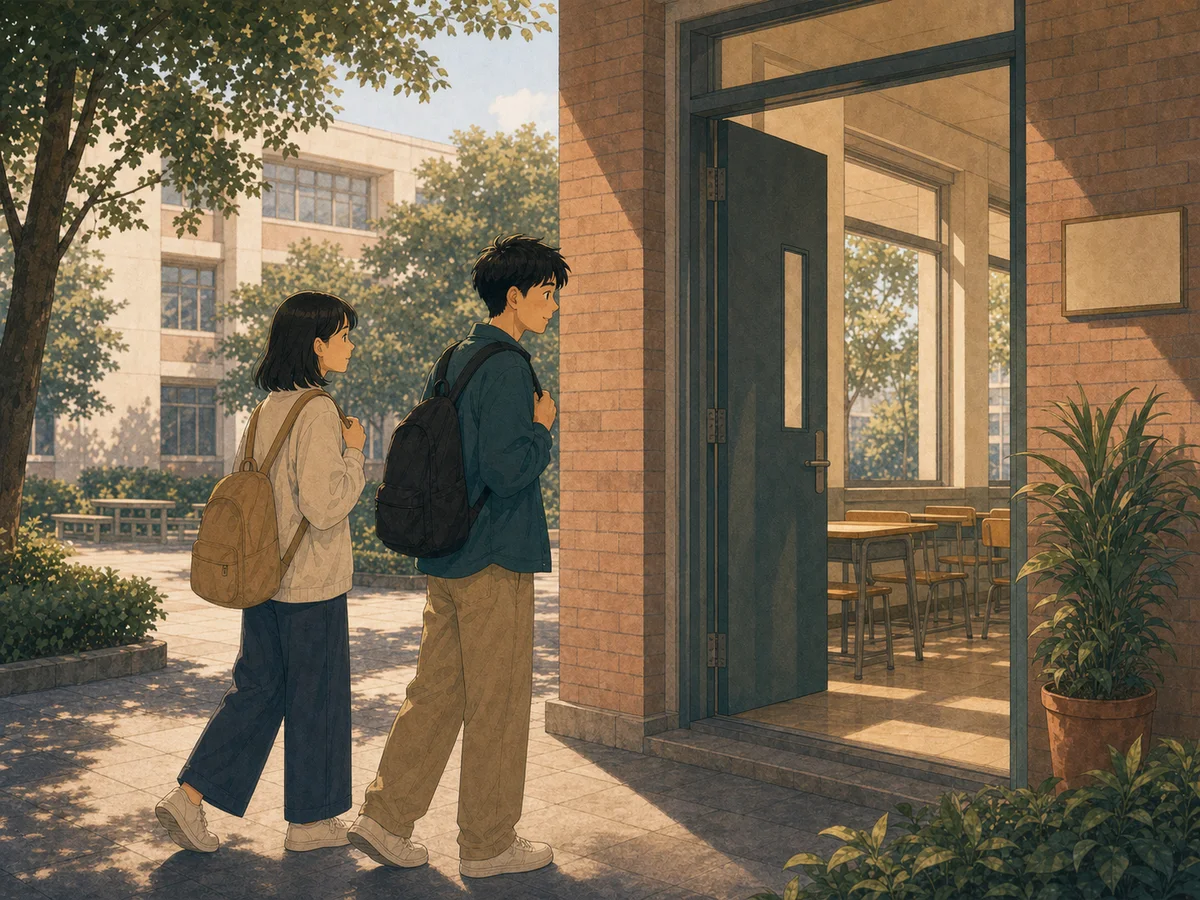 Illustration for Saturday School showing students arriving at school on a quiet morning.