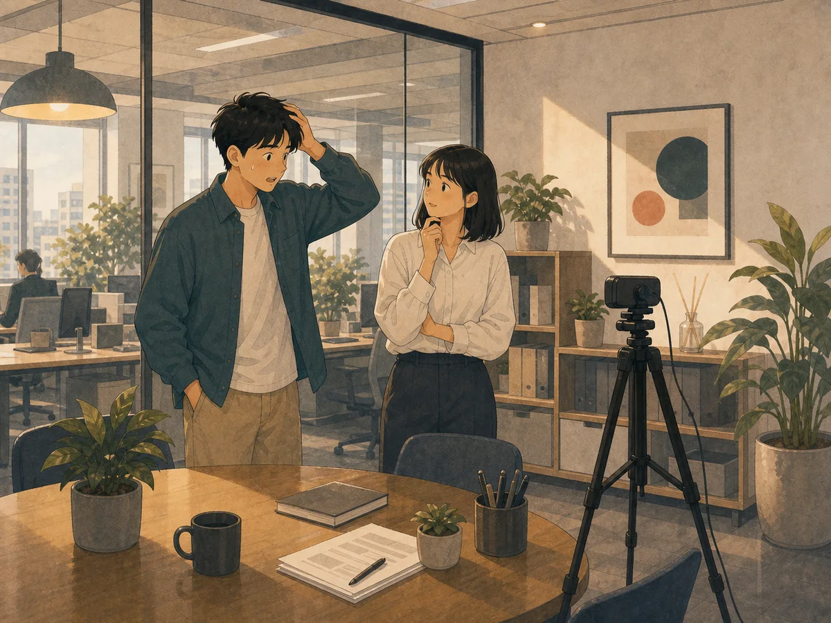 Illustration for The Accidental Livestream showing coworkers noticing a livestream mistake in an office.
