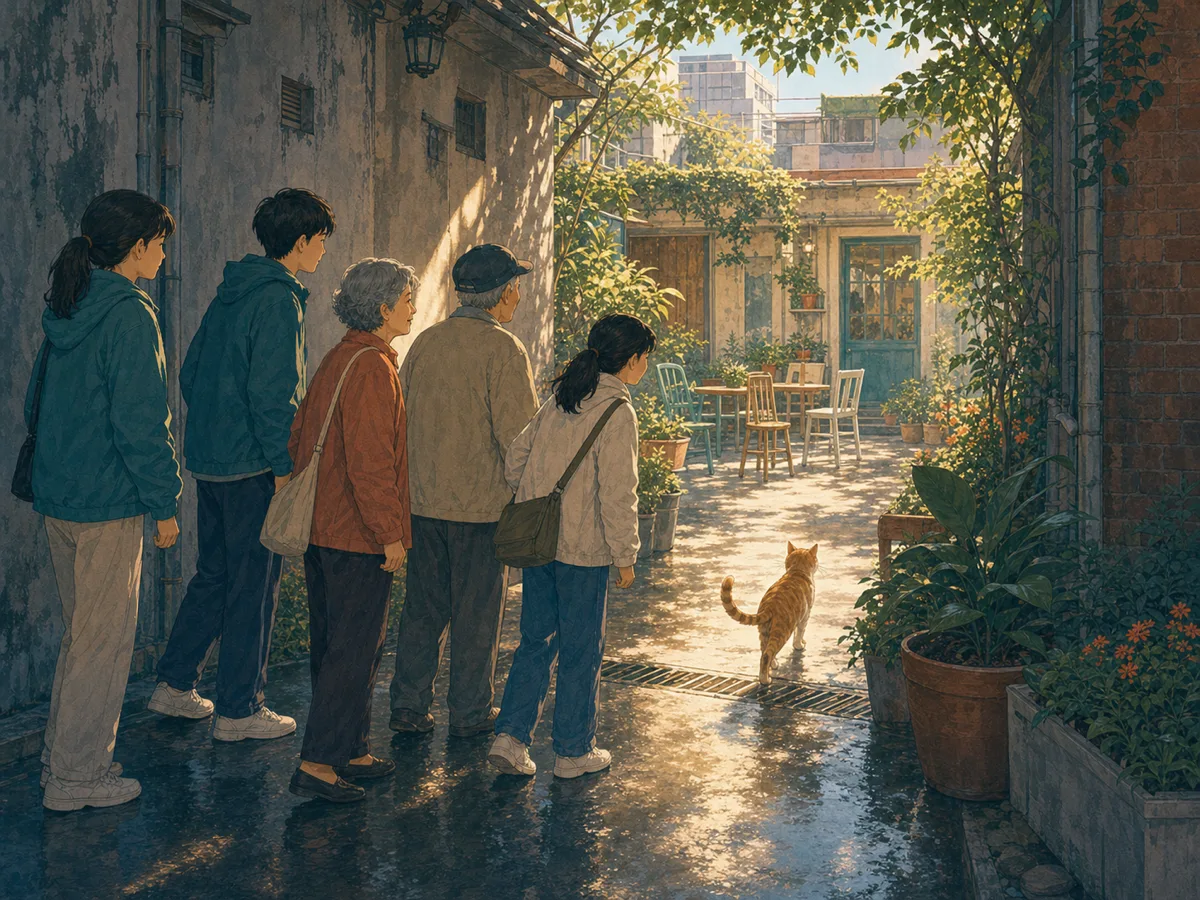 An orange cat leads alley neighbors through a narrow passage into a hidden sunlit courtyard.