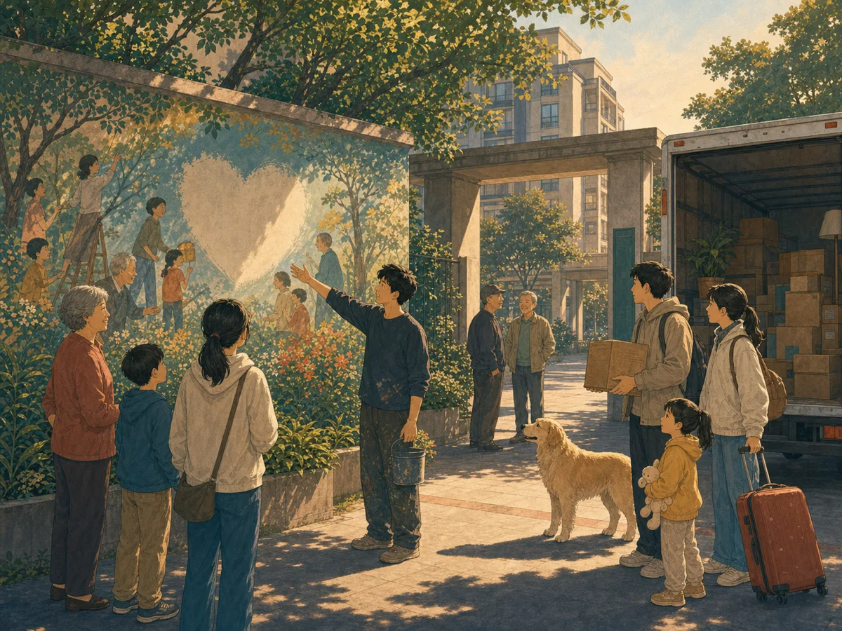 A community artist points to a meaningful blank space as new neighbors arrive by moving truck.