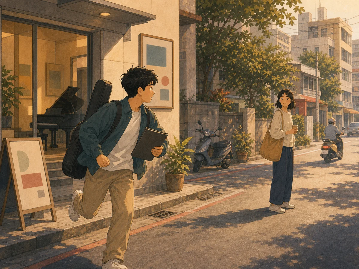 Illustration for The Beethoven Sprint showing a learner hurrying near a Taiwan music school.