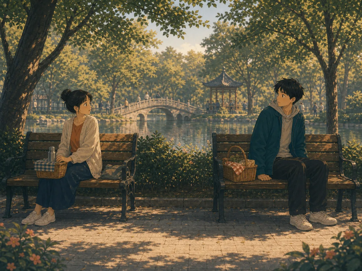 Two people sit on opposite park benches after mixing up their picnic baskets.