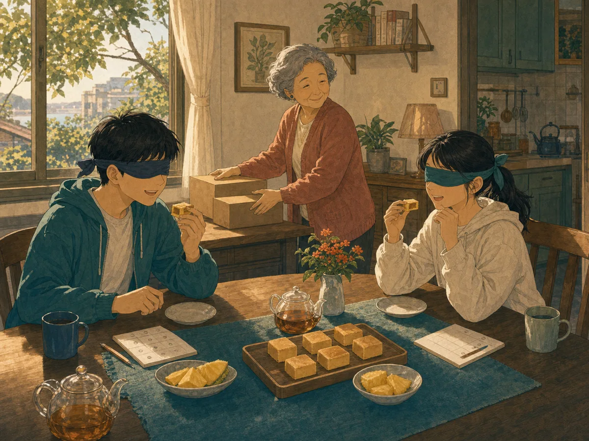 Two cousins taste-test pineapple cakes while their grandmother quietly swaps the boxes.