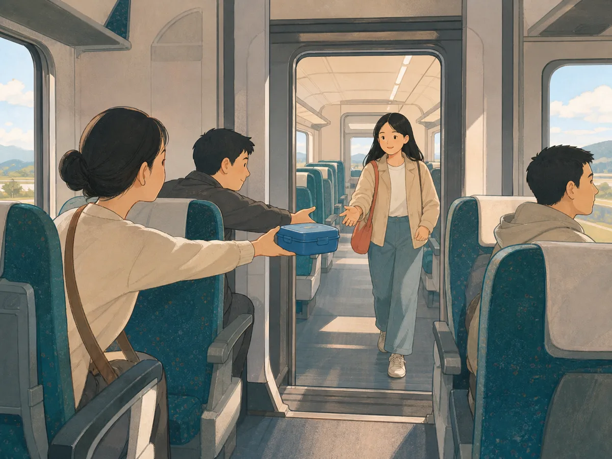 Two students discover a bright blue lunchbox on a school bench.