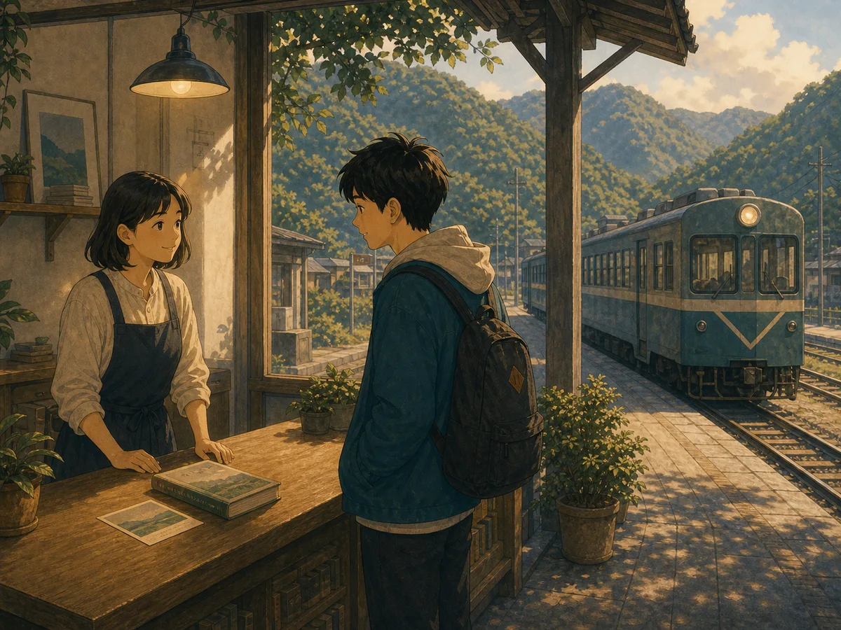 A Taiwan mountain-line bookshop owner receives a returned book beside a small train platform.