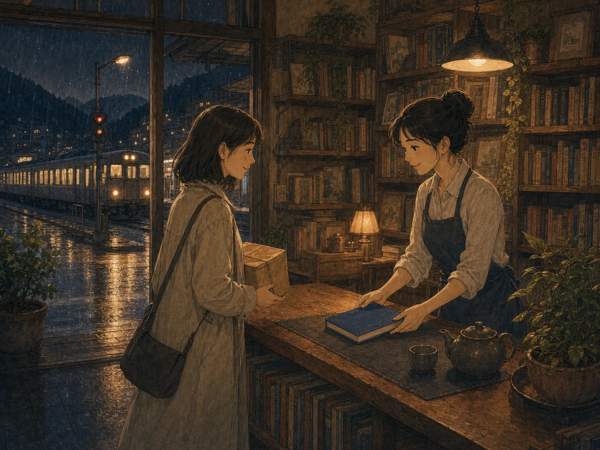 A mountain-line bookseller offers a blue notebook to a young woman arriving from the final train.
