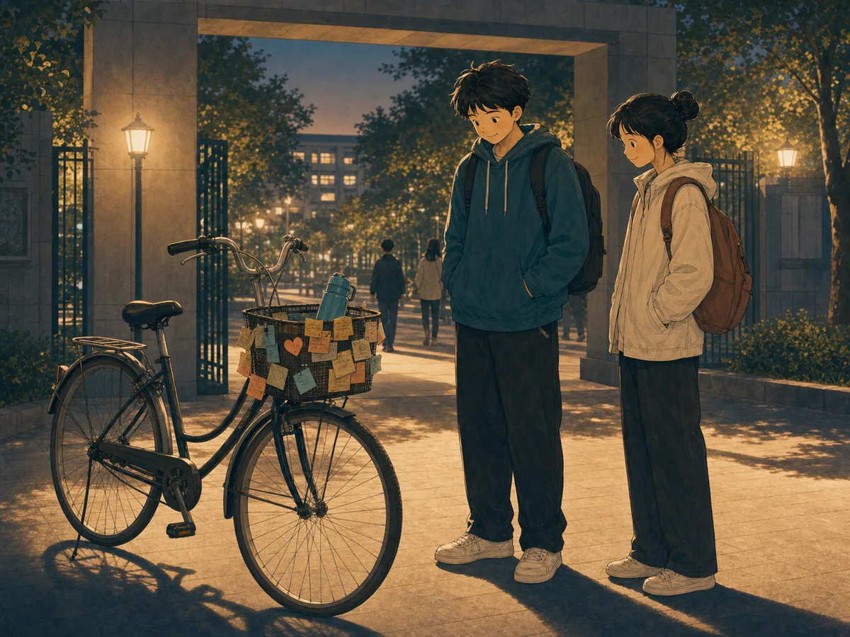 A borrowed bicycle waits at a campus gate with notes and a water bottle in its basket.