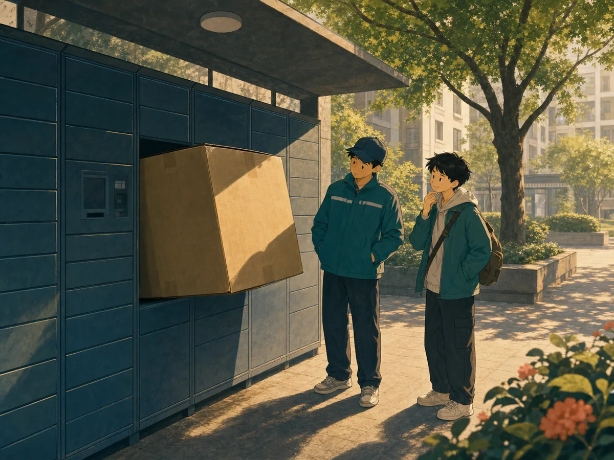 A courier and a young neighborhood detective stand beside delivery lockers with an oversized box that will not fit.