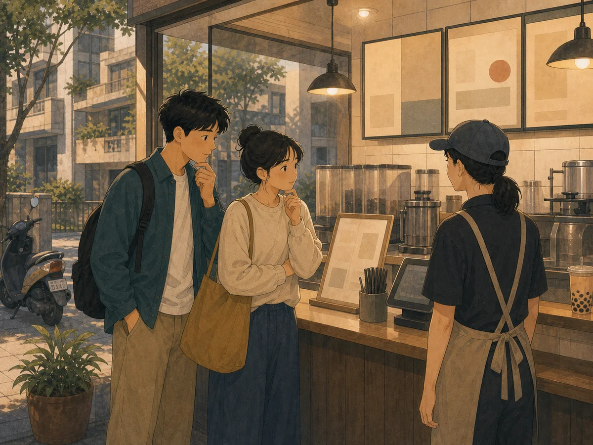 Illustration for The Bubble Tea Code showing two people choosing bubble tea in Taiwan.