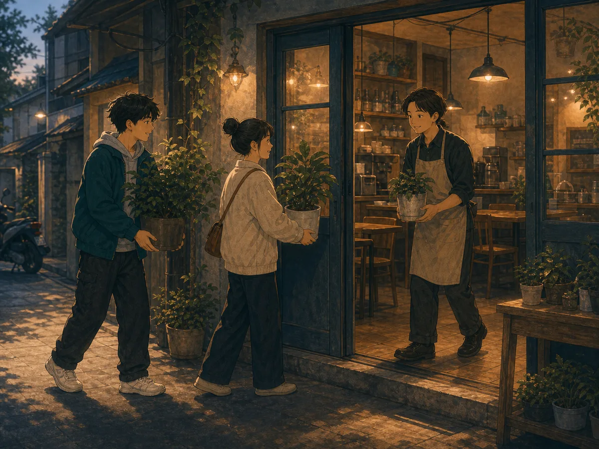 Friends help a Taiwan cafe owner bring plants inside at closing time.