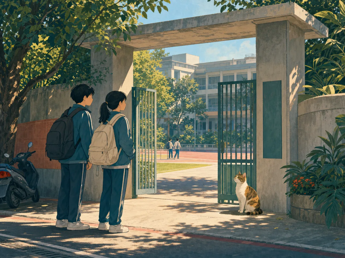 Two students watch an orange cat sitting like a tiny weather reporter outside a Taiwan school.