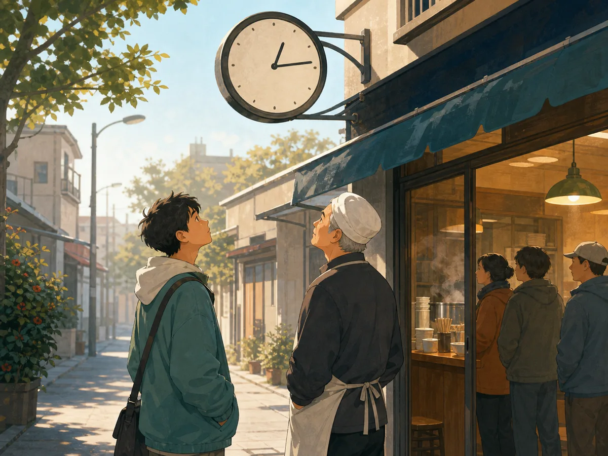 Two neighbors look up at an old clock above a warmly lit noodle shop.