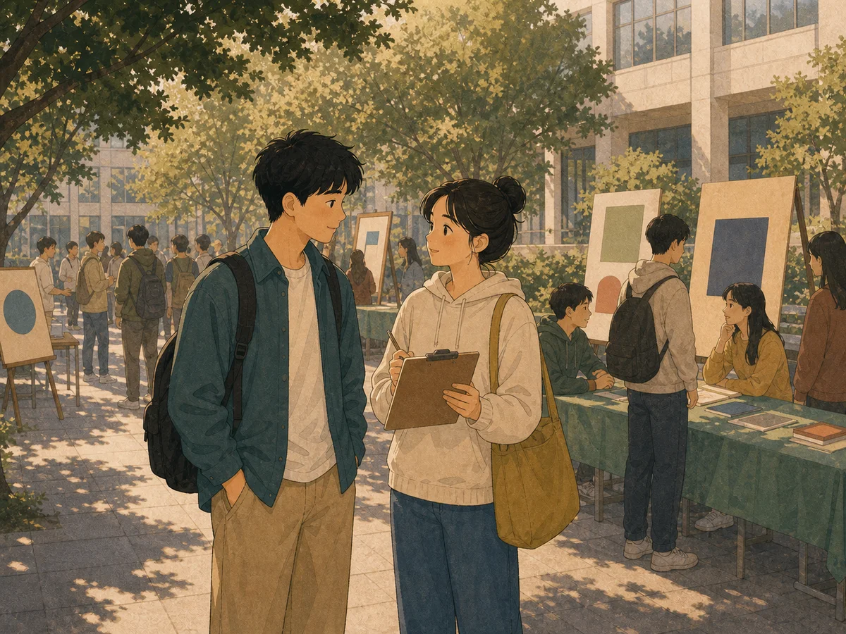 Illustration for The Club Signup showing students considering a campus club table.