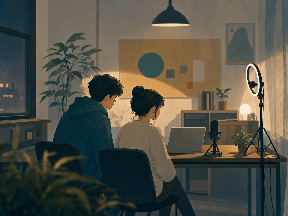 Two livestream teammates sit in a quiet studio after a stubborn comment changes the conversation.