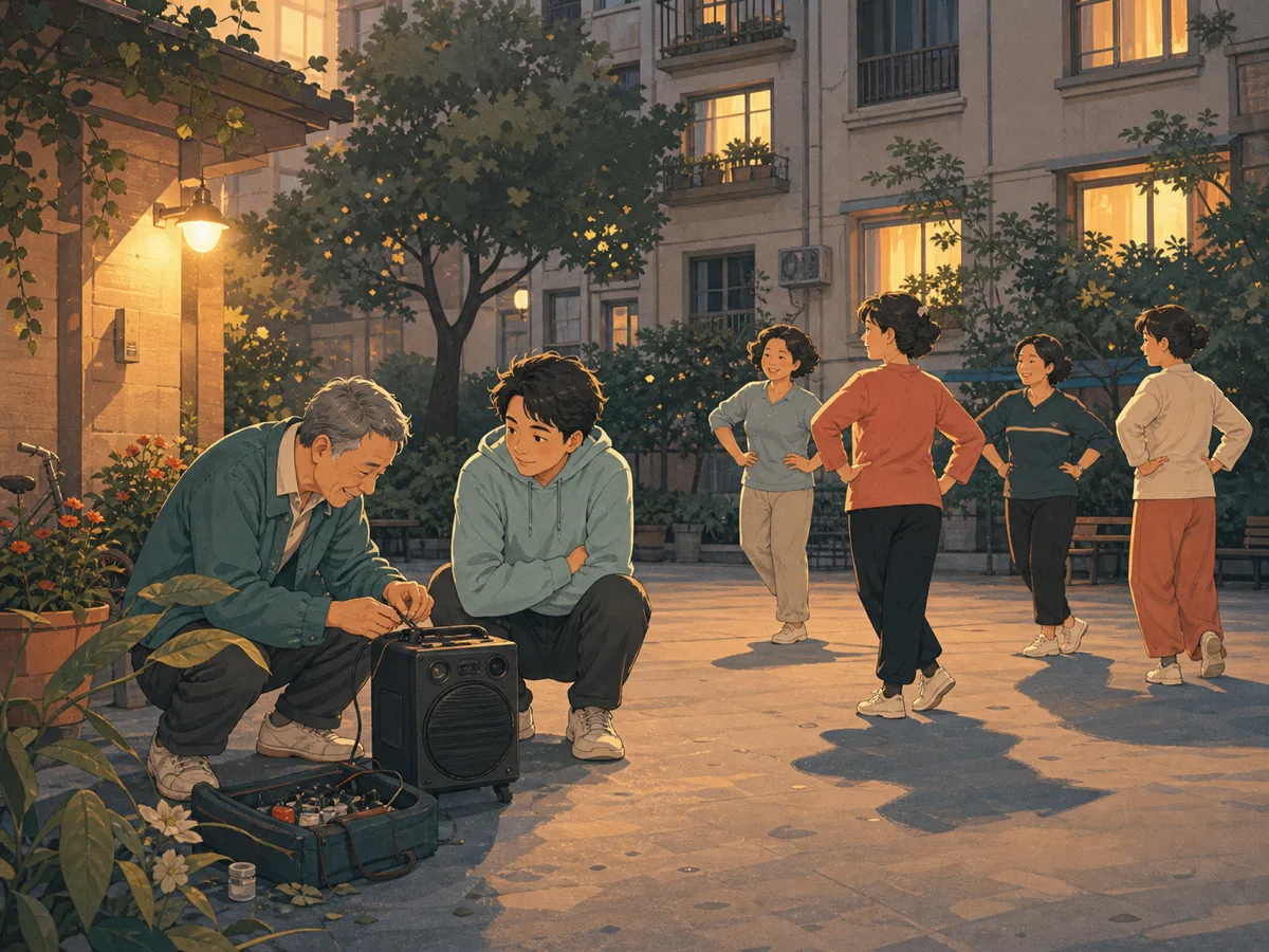 Neighbors follow a cheerful dance lesson in a sunny apartment courtyard.