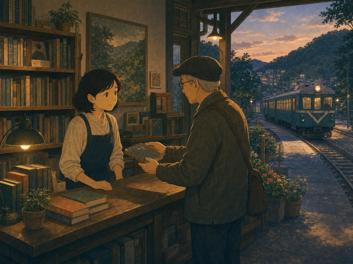 A former customer returns an old book to a warm mountain-line bookshop at dusk.