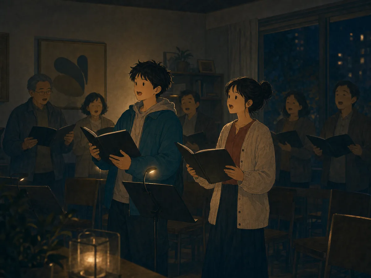 A neighborhood choir rehearses by soft lantern light after the room goes dark.