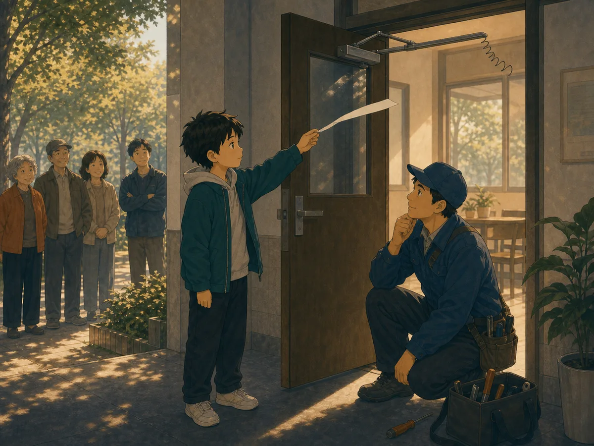 A child shows a repair worker how wind moves a community-room door.