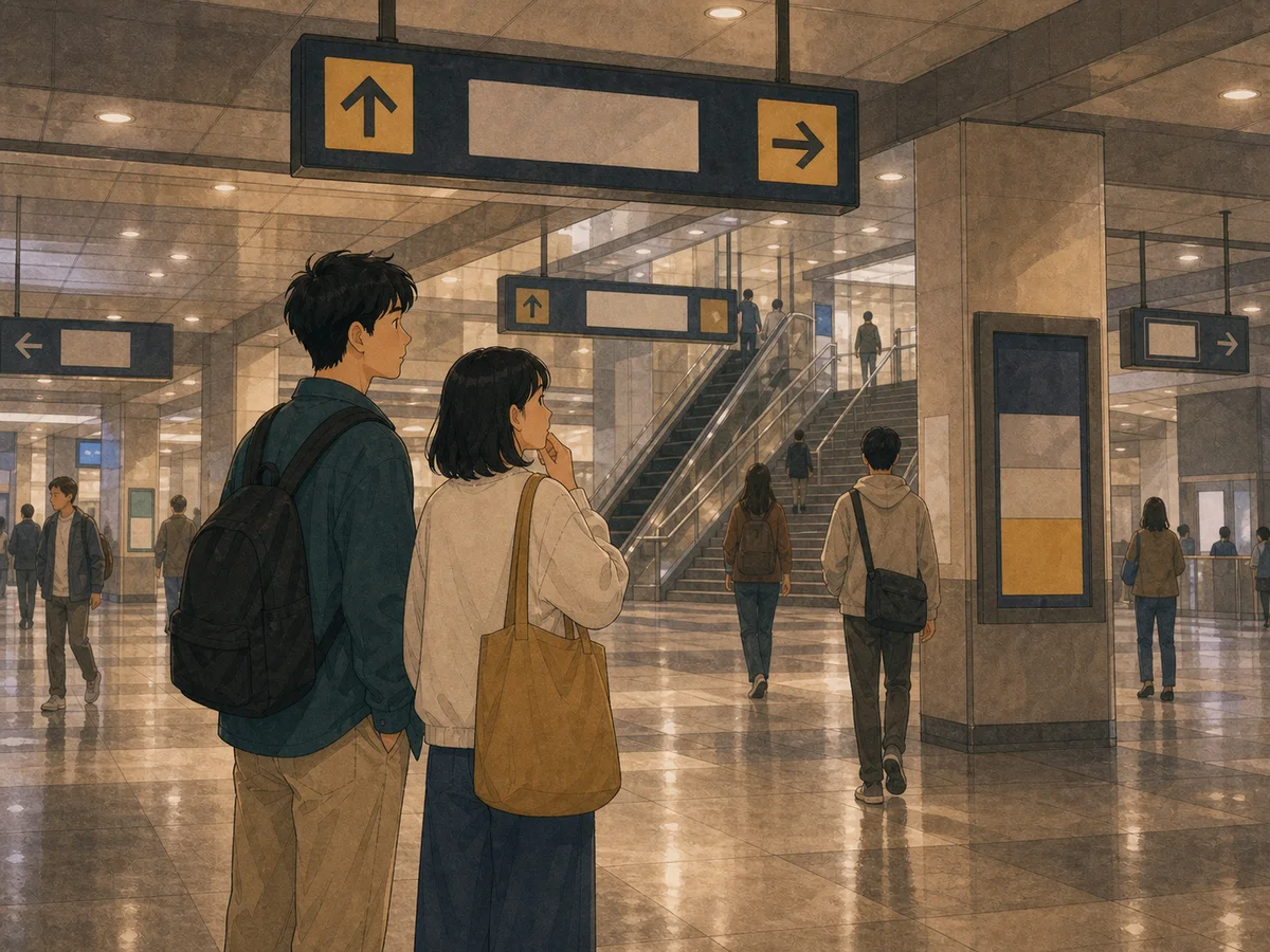Illustration for The Dungeon of Taipei Main showing learners navigating an underground station concourse.