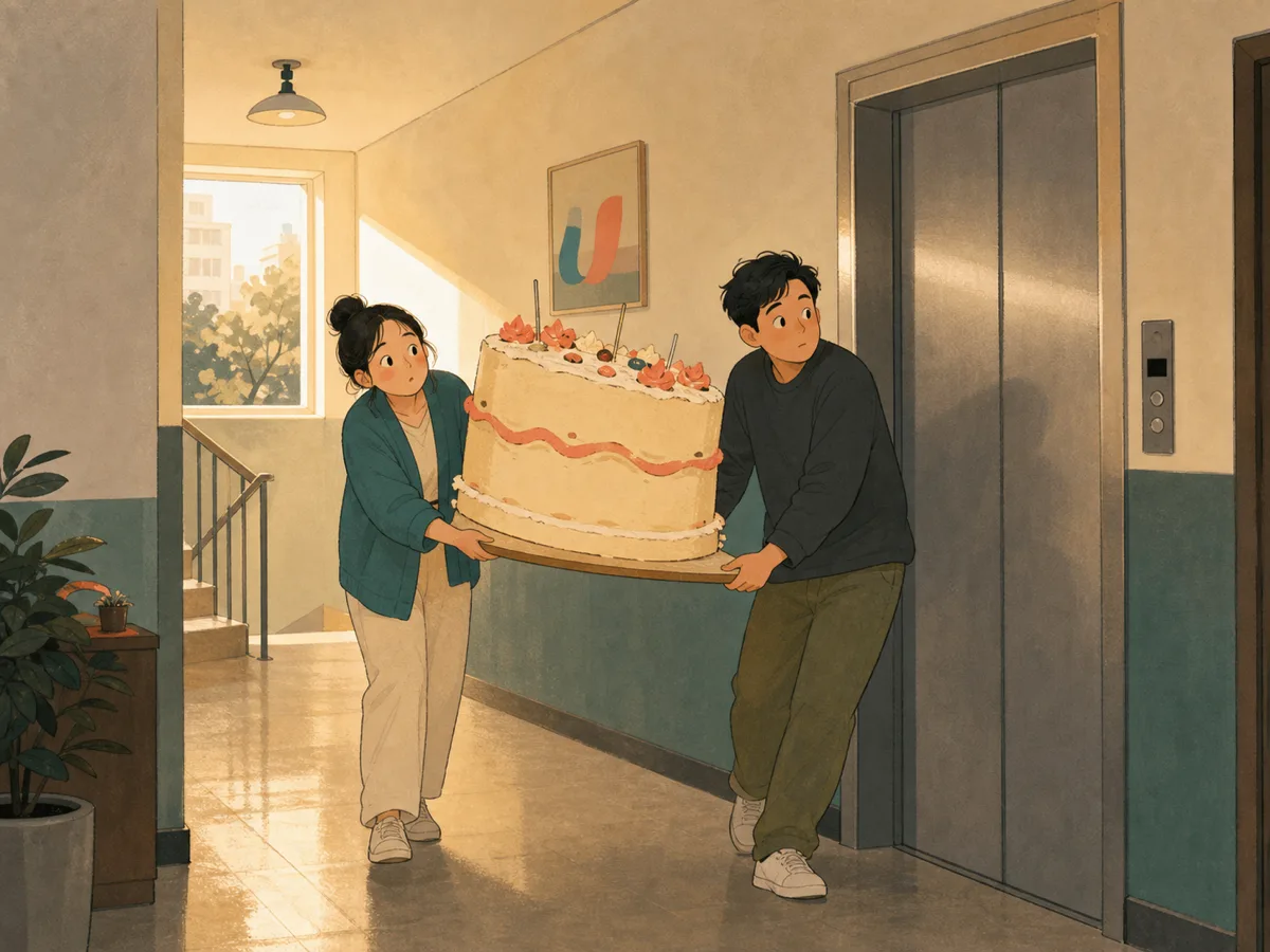 A delivery rider arrives at a sleepy apartment building just after sunrise.
