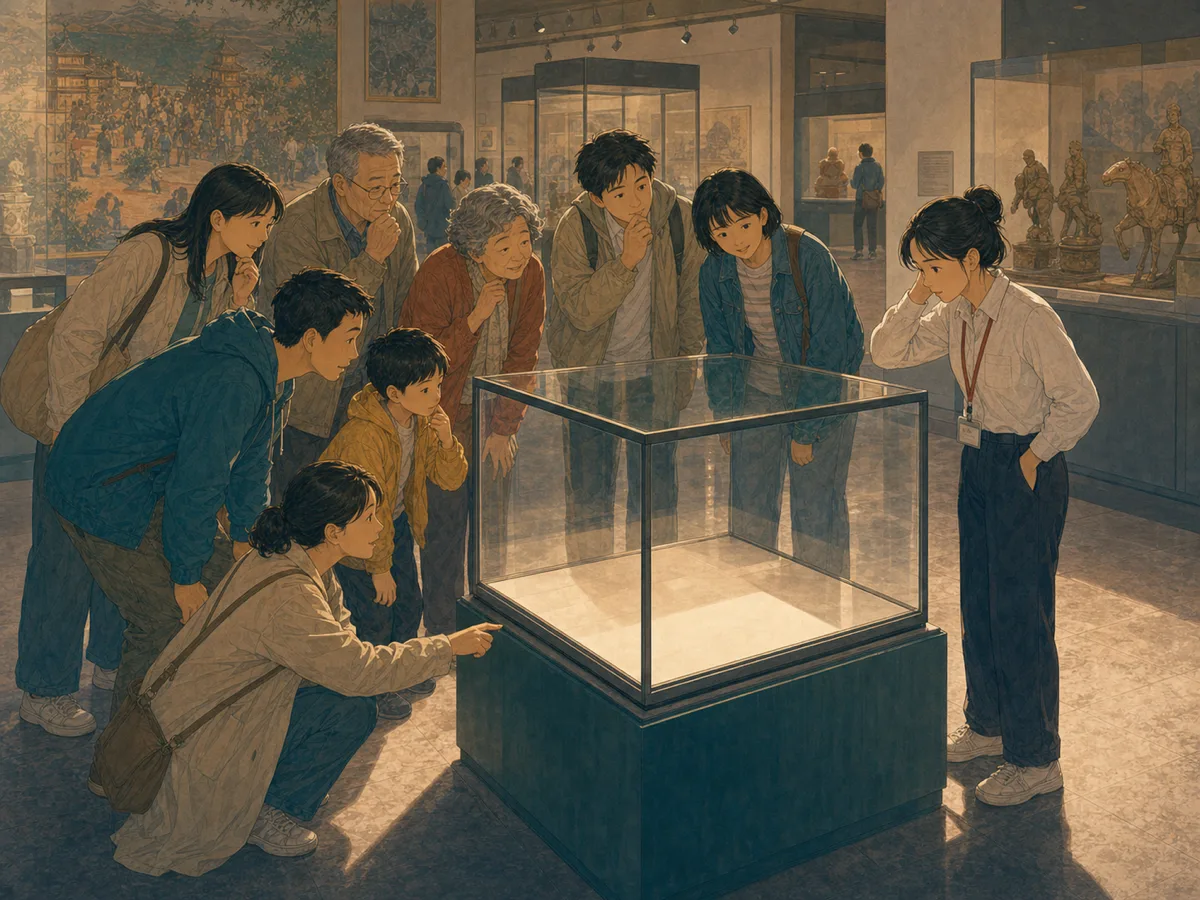 A museum intern watches visitors gather around an empty glass display case.